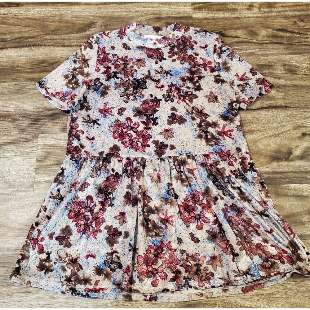 Entro Women's Small Velour Top Floral Mock Neck High Neck Peplum Fit&Flare SS